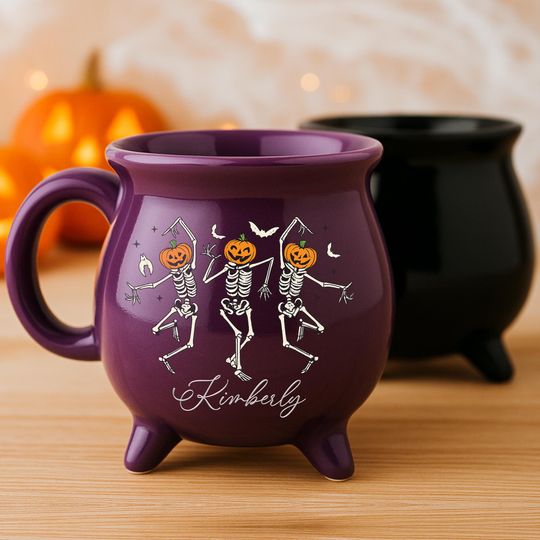 Discover Personalized Dancing Skeletons Cauldron Mug, Custom Name Halloween Coffee Cup Purple & Black, Pumpkin Head Spooky Gift, Gothic Witchy Decor