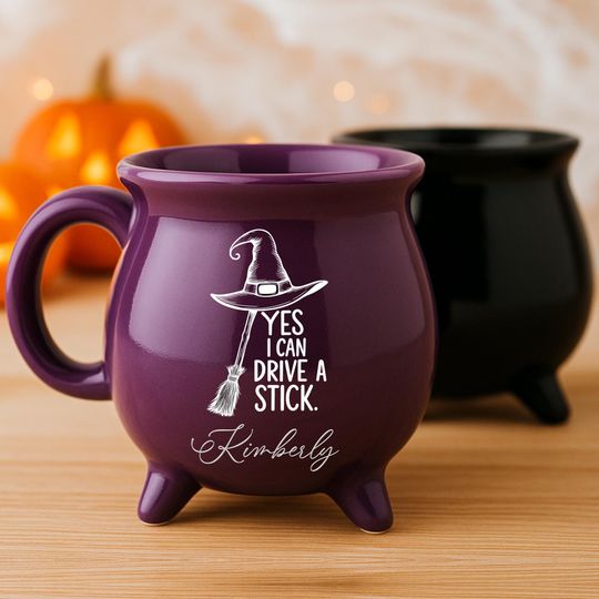 Discover Personalized Witch Broom Cauldron Mug, Custom Name Halloween Coffee Cup Purple & Black, Yes I Can Drive a Stick Funny Gift, Witchy Decor