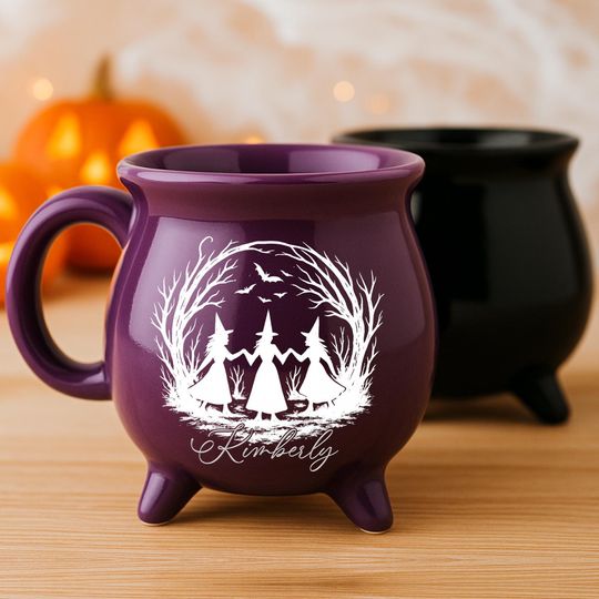 Discover Personalized Witch Cauldron Mug, Custom Name Halloween Coffee Cup Purple & Black, Three Witches Circle Gift, Gothic Witchy Decor