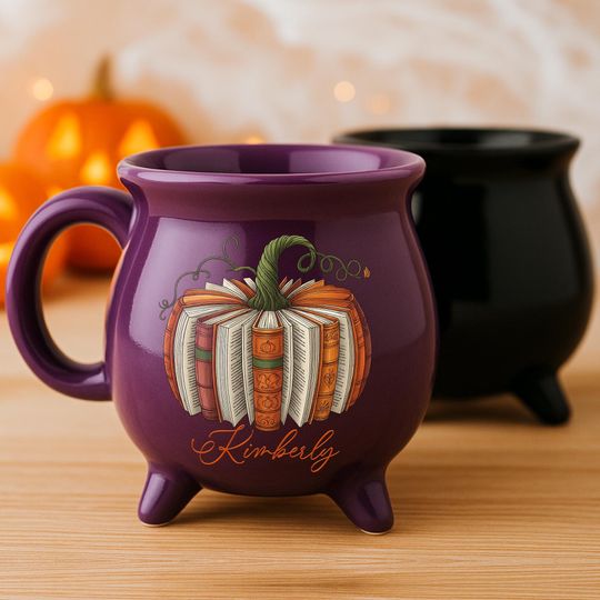 Discover Personalized Book Pumpkin Cauldron Mug, Custom Name Halloween Coffee Cup Purple & Black, Spooky Book Lover Gift, Gothic Witchy Decor