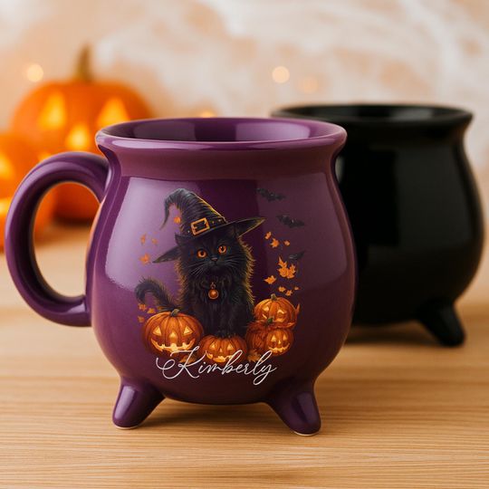 Discover Personalized Witch Cat Cauldron Mug, Custom Name Halloween Coffee Cup Purple & Black, Spooky Pumpkin Gift, Gothic Witchy Decor