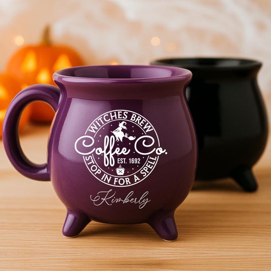 Discover Personalized Witches Brew Cauldron Mug, Custom Name Halloween Coffee Cup Purple & Black, Witch Coffee Co. Spell Gift, Gothic Witchy Decor