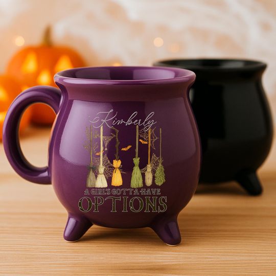 Discover Personalized Witch Cauldron Mug, Custom Name Halloween Coffee Cup Purple & Black, Witch Broom Quote Gift, Spooky Gothic Witchy Decor