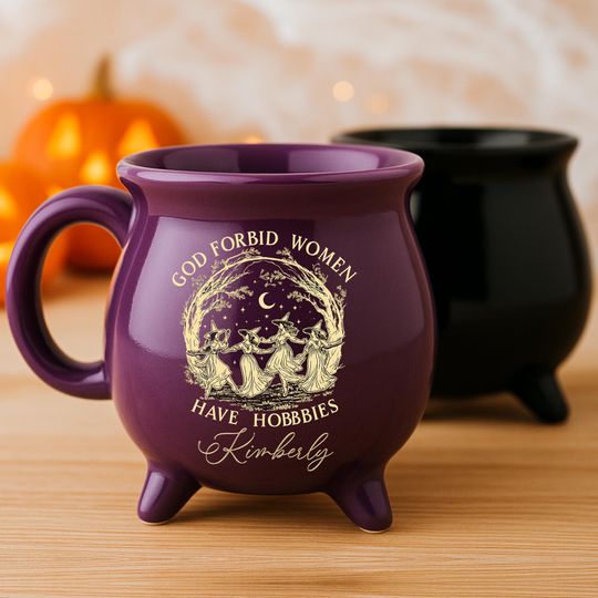Discover Personalized Witches Circle Cauldron Mug, Custom Name Halloween Coffee Cup Purple & Black, God Forbid Women Have Hobbies Gothic Gift