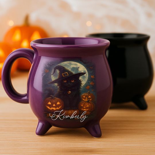 Discover Personalized Witch Cat Cauldron Mug, Custom Name Halloween Coffee Cup Purple & Black, Full Moon Pumpkin Gift, Gothic Witchy Decor