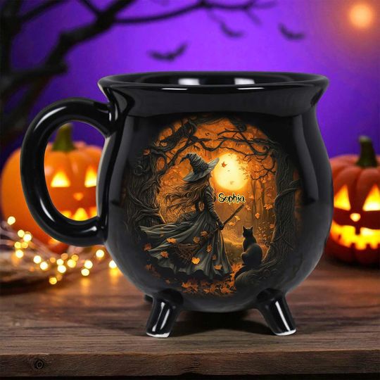 Discover Personalized Witchy Gothic Brew Cauldron Mug, Custom Name Gothic Witch Mug for Halloween, Spooky Witchy Drinkware, Halloween Gift Idea