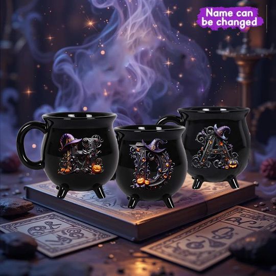 Discover Personalized Witch Name Initial Letter,Monogram Gothic Witch Mug for Halloween,Custom Witchy Gothic Brew Cauldron Mug,Halloween Cauldron Mug