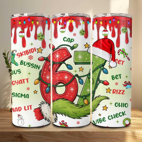 Discover Funny 67 Grinc Hand 20oz Tumbler Wrap  , Viral 6 7 Joke Design, Six Seven Christmas Straight Tumbler, Trend 67 Xmas Tumbler Wrap Digital