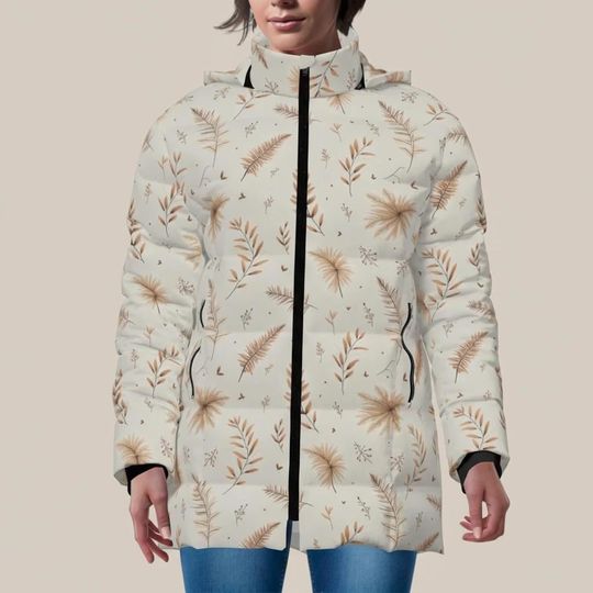 Discover Women's Beige Winter Puffer Coat with Hood, Boho Leaf Print Jacket, Thick Warm Zip Outerwear for Cold Weather Travel