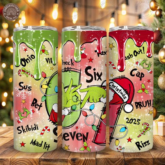 Discover Funny Six Seven Meme Christmas 20oz Tumbler Wrap  : Viral 6 7 Saying Tumbler Design, Trendy Green Mean Guy Holiday