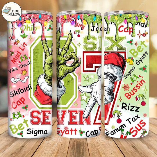 Discover Six Seven Bruh Funny Meme Christmas Hands 20 oz Skinny Tumbler Sublimation Design  , Trendy Christmas 2025  , Funny Green Guy Design