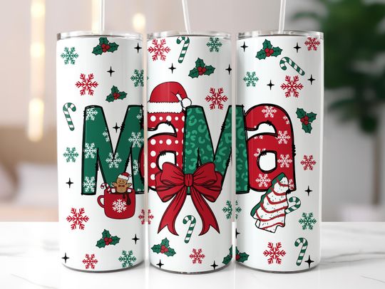 Discover Christmas Mama 20oz Skinny Tumbler Wrap, Coquette Christmas Bow Tumbler Wrap, Mama Claus Tumbler  , Gingerbread, Hot Cocoa, Seamless Wrap