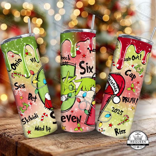 Discover Funny Six Seven Meme Christmas 20oz Tumbler Wrap  , Viral Saying 6 7 Tumbler  , Trendy Xmas 6 7 Green Mean Guy Tumbler