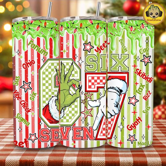 Discover Trendy 2025 Christmas Santa Tumbler  , Funny Six Seven Meme Christmas Hands 20 oz Skinny Tumbler Wrap PNG, Green Guy Tumbler Design