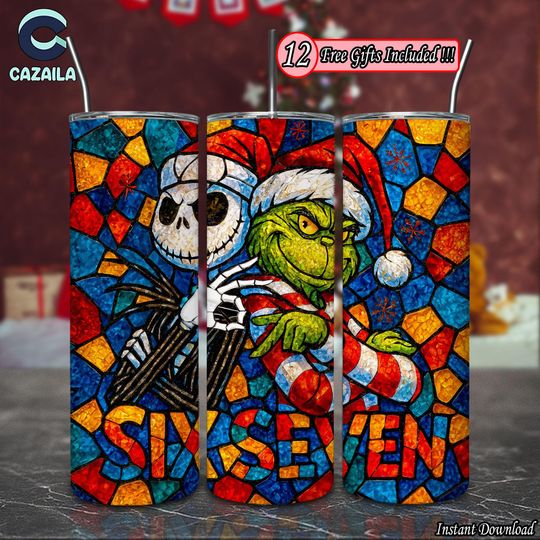 Discover Six Seven 67 Meme Funny Christmas Hands 20 oz Skinny Tumbler Sublimation Design, Christmas Tumbler Wrap  , Christmas Stained Glass