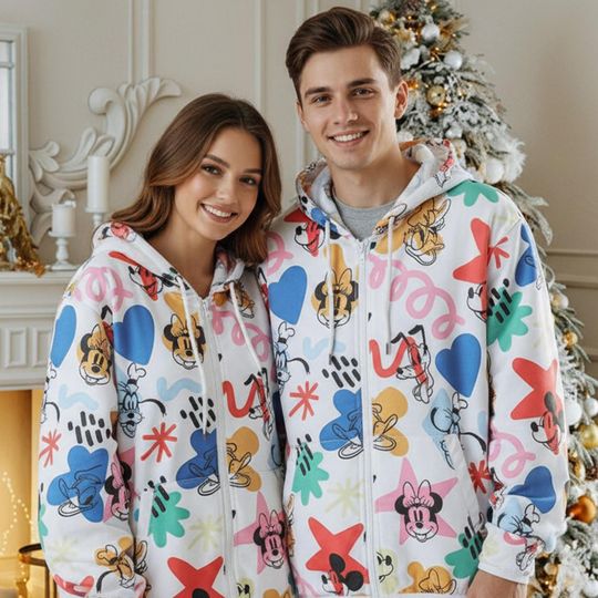 Discover Funny Mickey And Friends Colorful All Over Print Zip Hoodie, Cute Minnie And Figaro Rainbow 3D Hoodie, Disney Family Matching Outfit