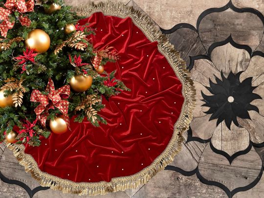 Discover Red Velvet Christmas Tree Skirt with Gold Tassels and Stud Crystal Details