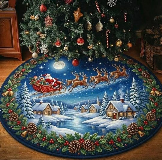 Discover Santa Sleigh Christmas Tree Skirt with Snowy Village and Winter Lake Scene