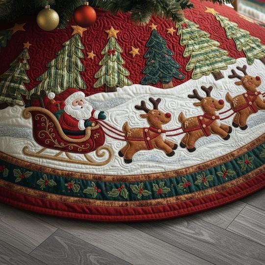 Discover Santa with Reindeer Christmas Tree Skirt, Holiday Tree Decorations, Home Decor, Housewarming Gift
