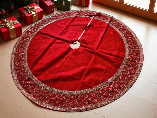 Discover Red Christmas Tree Skirt with Hand Embroidered Zari Work