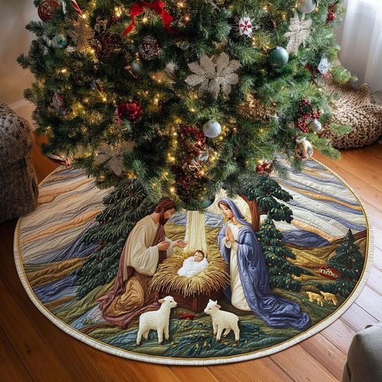 Nativity Scene Christmas Tree Skirt, Religious Christmas Tree Decor, Housewarming Gift, Holiday Home Decor