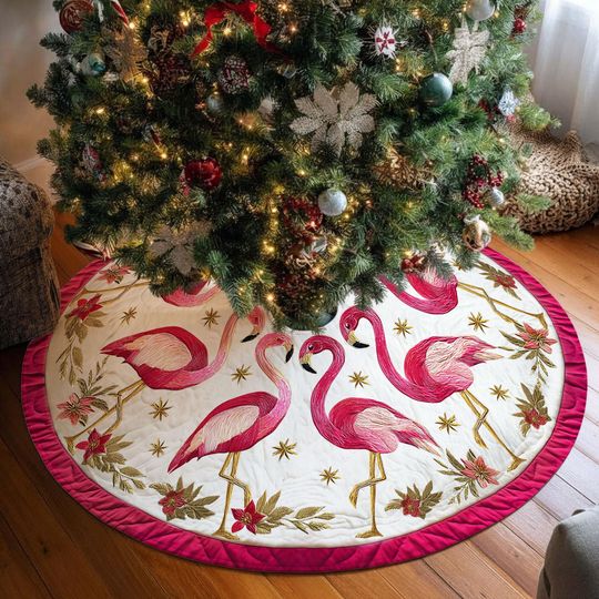 Discover Pink Flamingo Christmas Tree Skirt, Holiday Tree Decor, Christmas Home Decoration