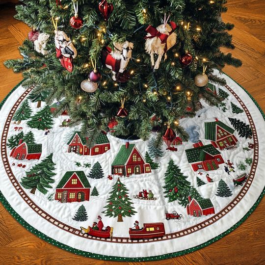 Discover Snow Scene Village Christmas Tree Skirt, Winter Town Decor for Holiday Home, Xmas Village Cover