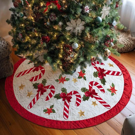 Discover Red Candy Cane Christmas Tree Skirt, Tree Cover, Christmas Home Decor, Xmas Decorations