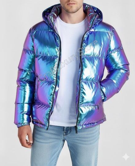 Iridescent Hooded Puffer Jacket for Women, Shiny Winter Bubble Coat, Lightweight Street Style Outerwear, Trendy Festival Puffer Jacket