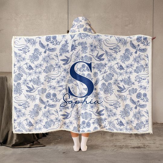 Toile De Jouy Floral Initial Wearable Hooded Blanket Personalized Gift for Wedding and Anniversary