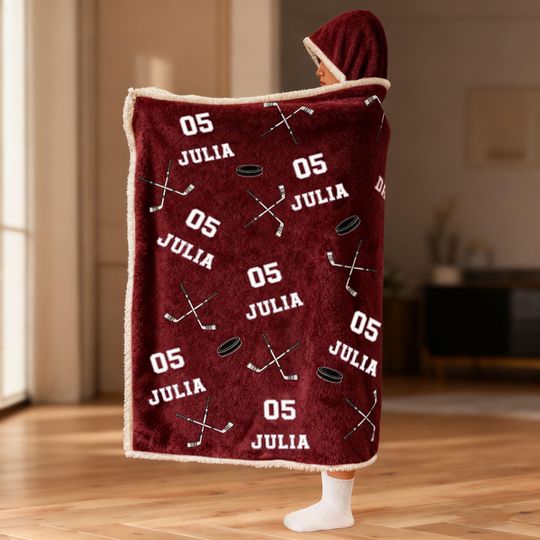 Personalized Hockey Blanket Hoodie with Name, Wearable Ice Hockey Themed Blanket for Kids & Adults