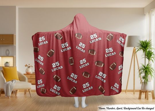 Sports Pattern Baseball Volleyball Basketball Personalized Wearable Blanket Hoodie, Custom Name And Number Sports Blanket