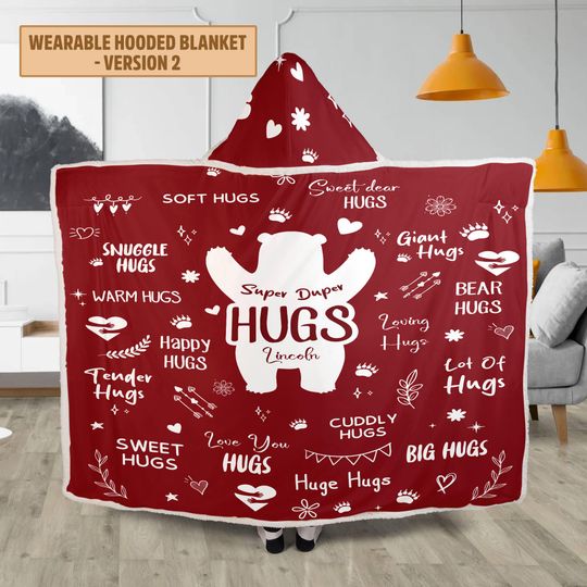 Personalized Bear Hugs Hooded Blanket, Customized Super Duper Hugs Blanket