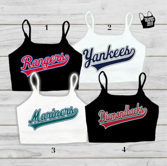 Custom Baseball Team or Player Name Crop Top Cami Sports Bra