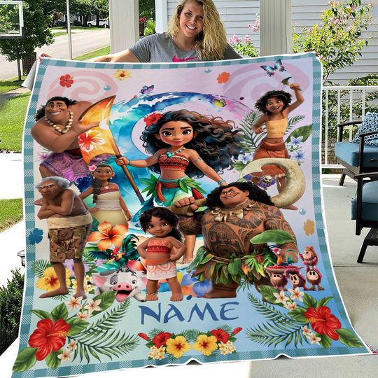 Personalized Disney Moana 2 Princess Fleece Blanket,Moana Simea Maui Hei Hei Pua