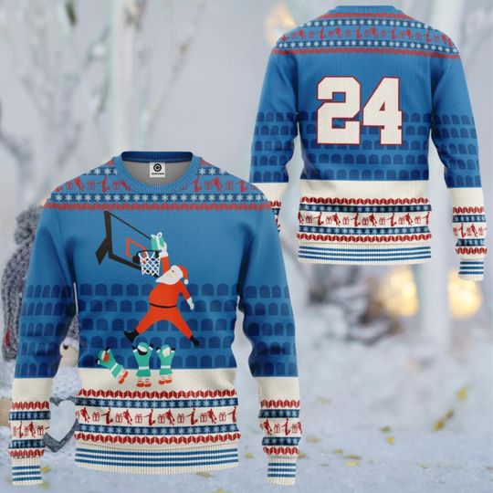 Santa Slam Dunk Ugly Christmas Sweater, Holiday Jumper with Penguins, Funny Xmas Party Knit