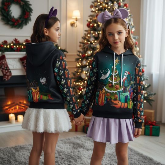 Discover Retro Jack Skellington & Zero Christmas Tree All Over Print Hoodie, Nightmare Before Christmas 3D Hoodie, Disney Sandy Claws Holiday Outfit