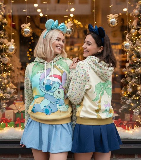 Discover Funny Stitch And Scrump Holiday Beach All Over Print Hoodie, Lilo And Stitch Xmas 3D Hoodie, Disney Very Merry Christmas Party 2025 Outfit