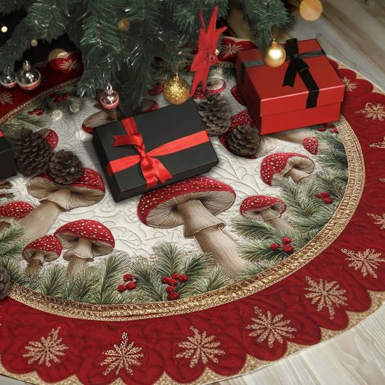 Discover Mushroom Christmas Tree Skirt, Red Woodland Holiday Decor, Cozy Winter Farmhouse Style Tree Mat