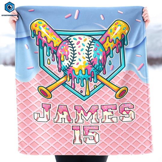 Discover Personalized Baseball Drip Blanket, Ice Cream Drip Baseball Blanket, Baseball Ice Cream Drip