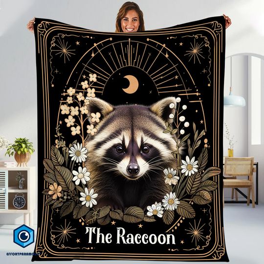 Discover The Raccoon Tarot Card Blanket, Raccoon Fleece Blanket, Tarot Card Blanket, Christmas Gifts