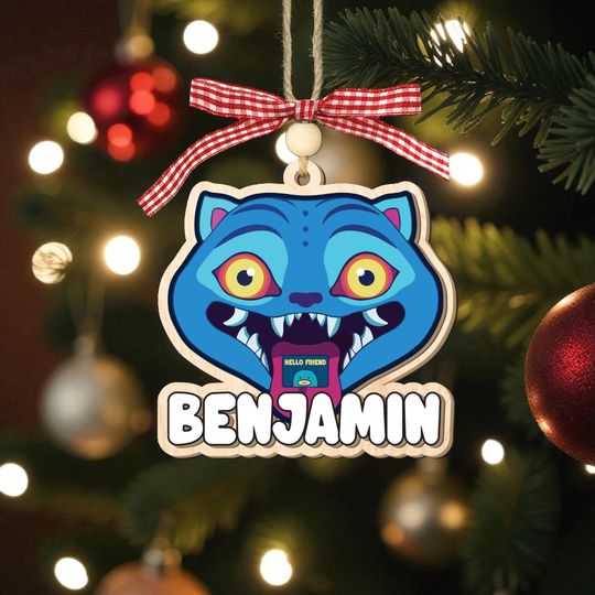 Discover Derpy Blue Tiger Ornament, Demon Hunter Style Character with Custom Name, Personalized Christmas Tree Decoration