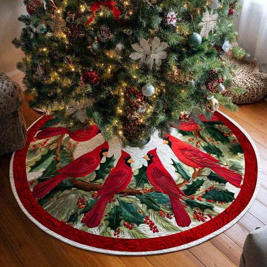 Discover Red Cardinal Christmas Tree Skirt, Holiday Tree Cover, Housewarming Gift, Xmas Tree Decor