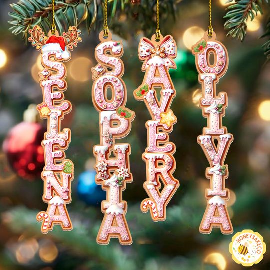 Custom Gingerbread Alphabet Ornament, Pink Girls Name Ornament, Kids Christmas Gifts, Christmas Ornaments for Family