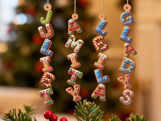 Discover Custom Gingerbread Alphabet Ornament - Personalized Name Christmas Decor, Baby First Christmas Gift, Wooden Stocking Tag, Holiday Keepsake