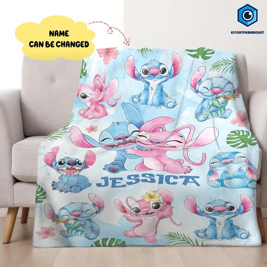 Personalized Stitch and Angel Fleece Blanket, Disneyland Blanket, Gifts for Kids, Birthday Gifts