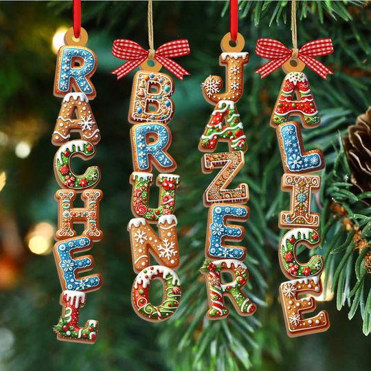 Personalized Kids Name Ornament, Gingerbread Alphabet Ornament, Custom Stocking Tag, Christmas Gifts For Kids, Family Christmas Ornaments
