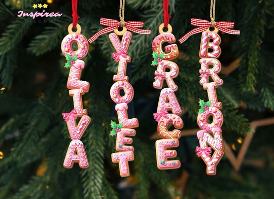 Custom Gingerbread Alphabet Ornament, Pink Girls Name Ornament, Christmas Tag for Stockings, Kids Christmas Gifts, Christmas Tree Decor 2025
