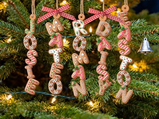 Gingerbread Letter Ornament with Name,Alphabet Ornament, Personalized Family Wood Ornament, Christmas Tags for Stocking,Kids Christmas Gifts