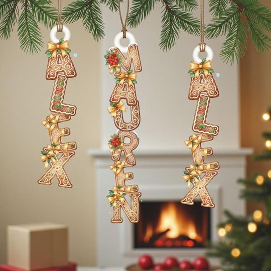 Custom Gingerbread Letter Ornament 2025, Personalized Name Tag for Family Members, Alphabet Christmas Decoration, Family Stocking Charm